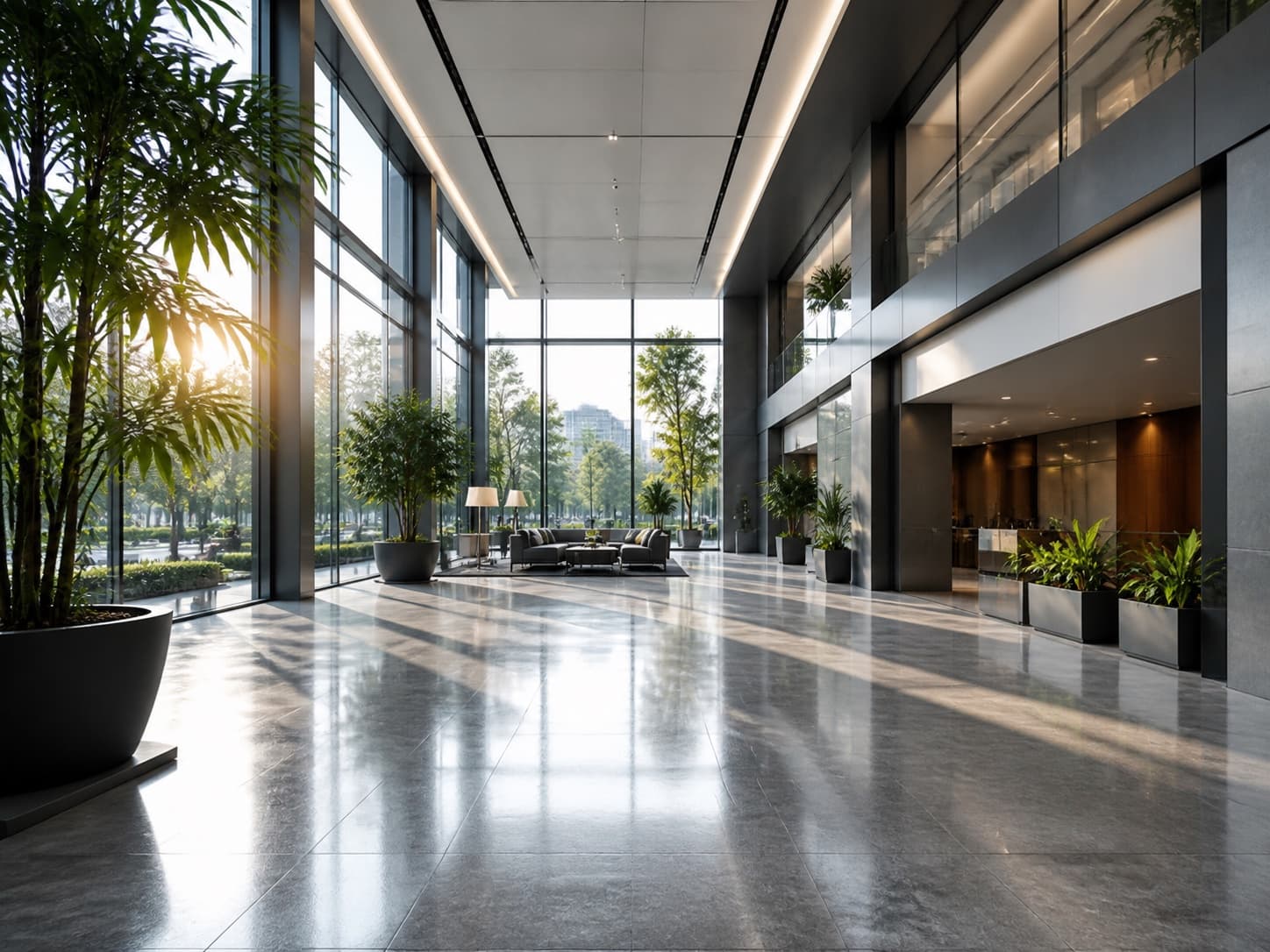 Lobby corporativo amplo e bem conservado